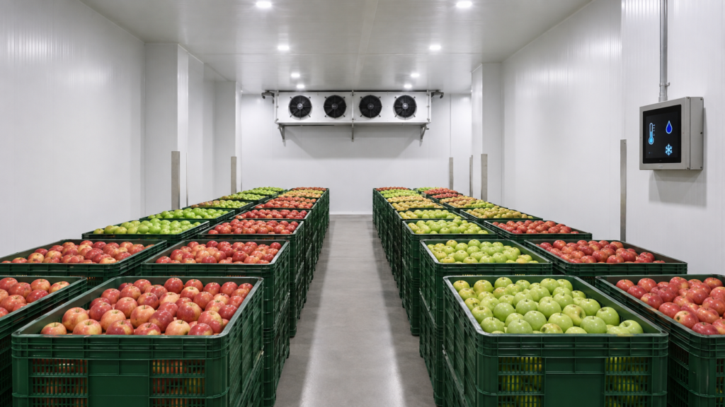 Commercial Apple Cold Storage Room with organized fruit crates and industrial refrigeration equipment