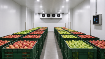 Commercial Apple Cold Storage Room with organized fruit crates and industrial refrigeration equipment