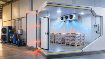Engineer reviewing a cold room load calculation beside real TunelGroup refrigeration equipment