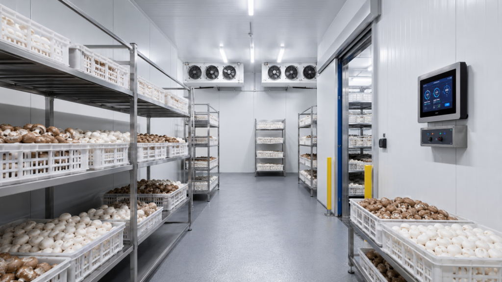 Commercial Mushroom Cold Storage Facility with packaged button mushrooms and industrial refrigeration equipment