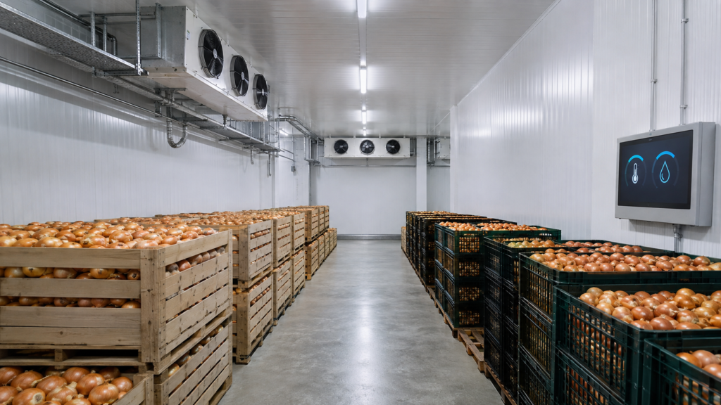 Commercial Onion Cold Storage Facility with ventilated crates and industrial refrigeration system