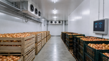 Commercial Onion Cold Storage Facility with ventilated crates and industrial refrigeration system