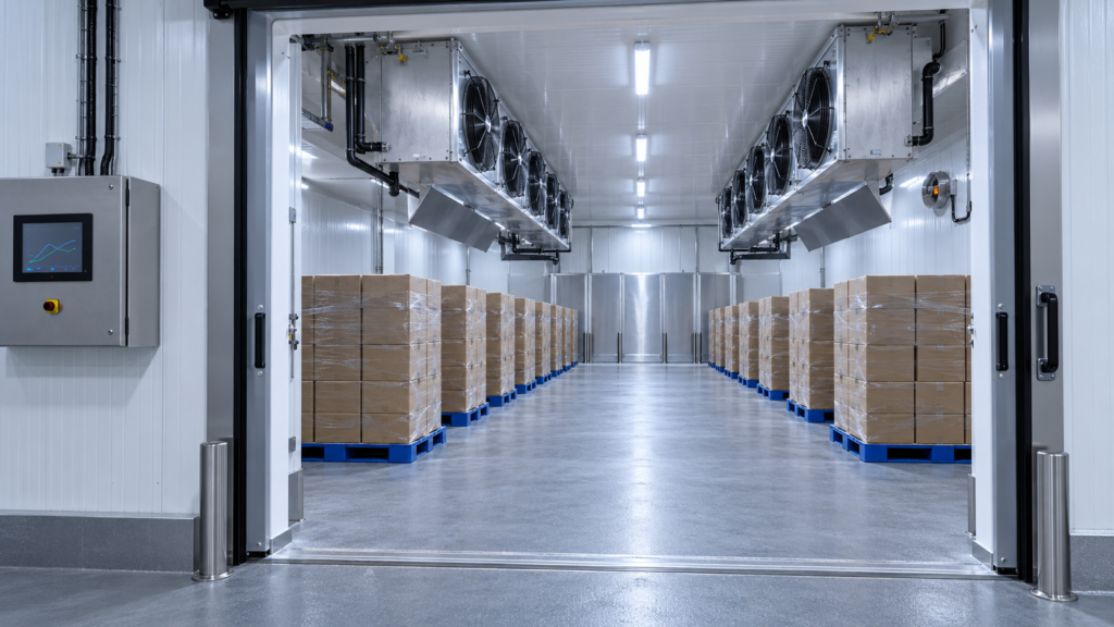 Industrial Blast Freezer Room with palletized food products and high-capacity evaporators