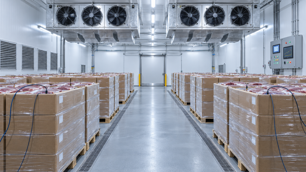 Blast Freezer Capacity Calculation with industrial evaporators, palletized meat and core temperature monitoring