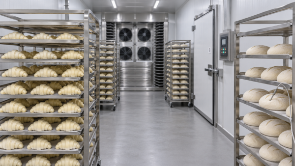 Industrial Blast Freezer for Bakery Products with stainless-steel trolleys carrying shaped dough and unbaked croissants
