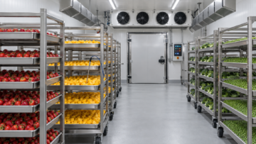 Blast Freezer for Fruits and Vegetables with separate trays of prepared berries, mango cubes and blanched vegetables