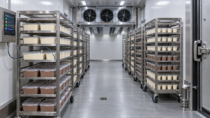 Blast Freezer for Ice Cream with packaged ice cream tubs on stainless-steel trolleys and industrial evaporators