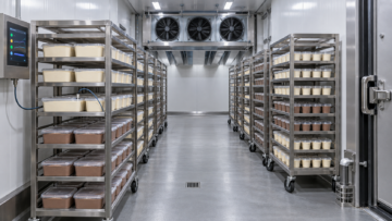 Blast Freezer for Ice Cream with packaged ice cream tubs on stainless-steel trolleys and industrial evaporators