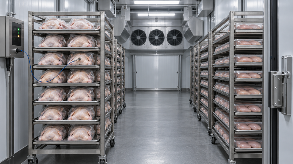 Illustrative Blast Freezer for Poultry with packaged whole chickens, poultry portions and industrial refrigeration equipment.