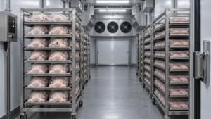 Illustrative Blast Freezer for Poultry with packaged whole chickens, poultry portions and industrial refrigeration equipment.