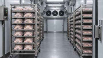 Illustrative Blast Freezer for Poultry with packaged whole chickens, poultry portions and industrial refrigeration equipment.