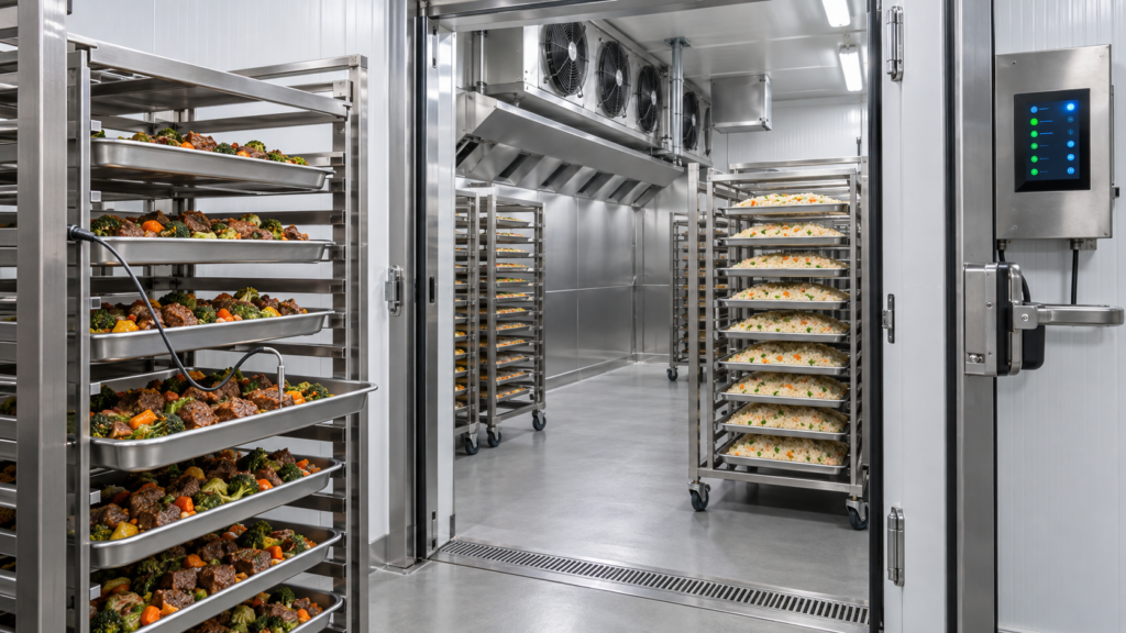 Industrial Blast Freezer for Prepared Foods with stainless-steel trolleys carrying shallow trays of cooked ready meals