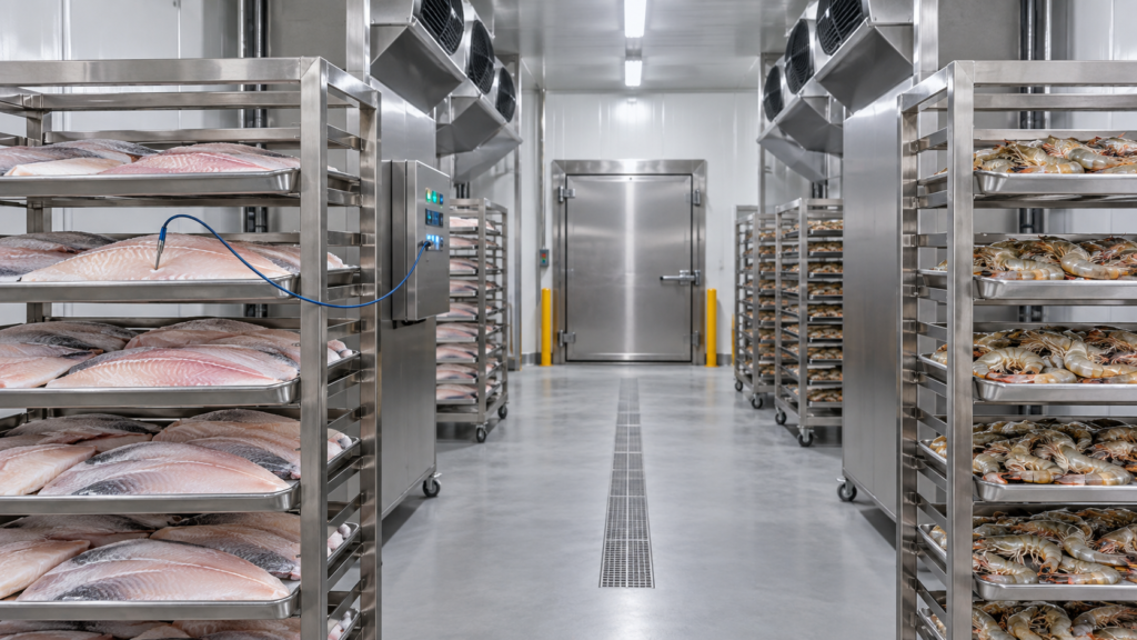Illustrative Blast Freezer for Seafood with fish fillets and shrimp on separate stainless-steel tray racks.