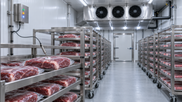 Product core temperature probe and industrial freezer racks used to monitor Blast Freezing Time