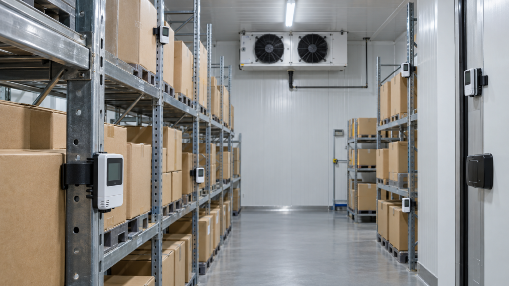 Calibrated data loggers positioned at multiple heights during an industrial cold room temperature mapping study